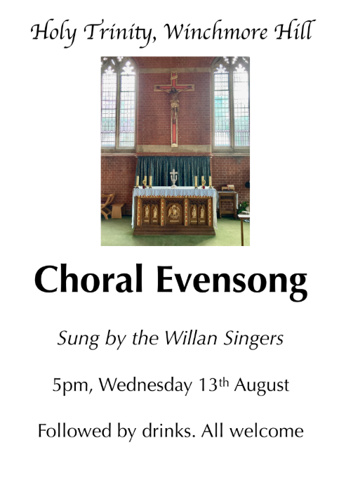 Choral evensong on 13th August at 5pm